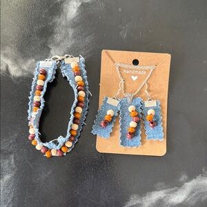 Handmade Denim and Wood Bead Jewelry Set with sterling silver earring hoops